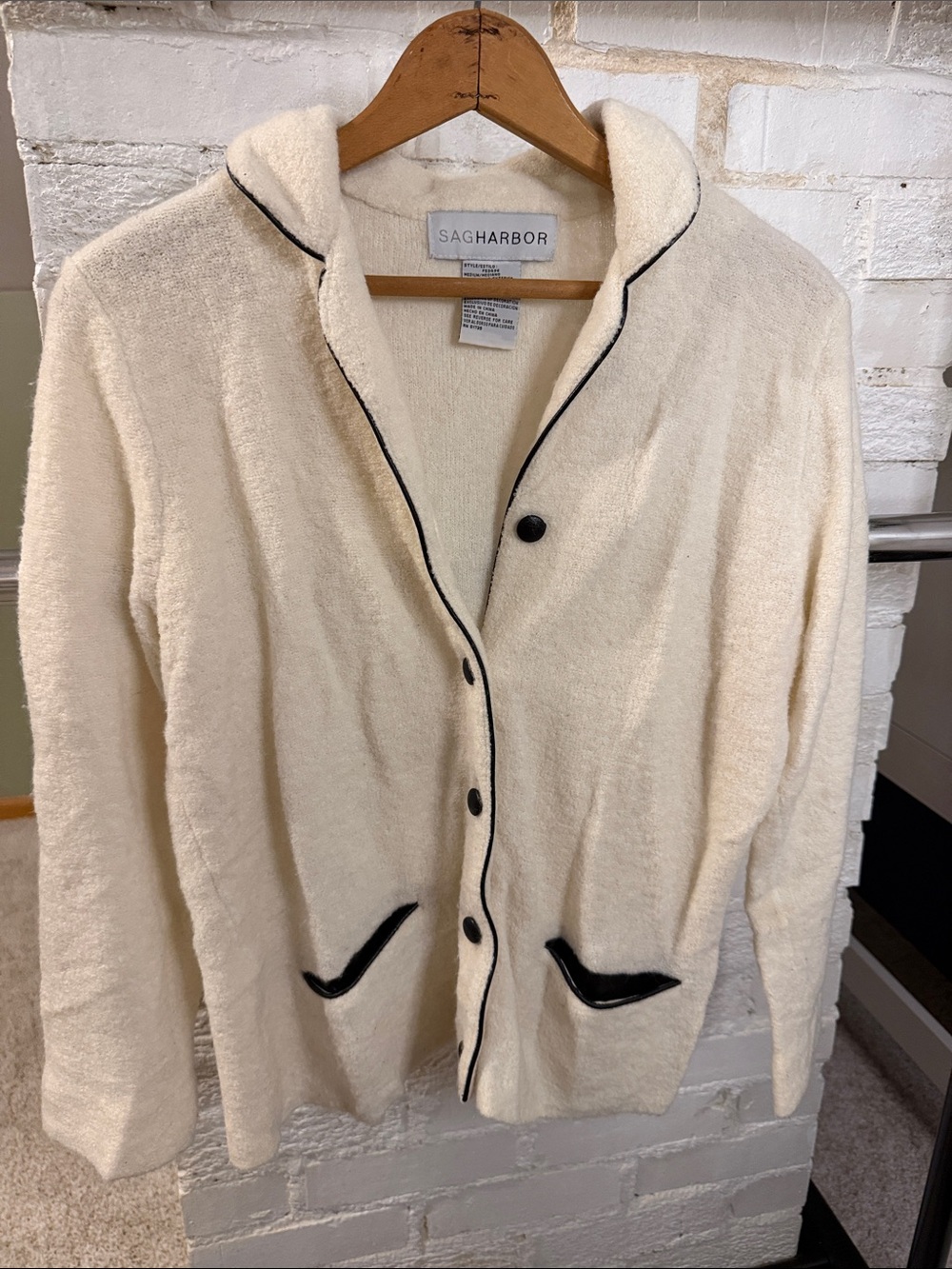Sag Harbor Cream Cardigan with Black Trim